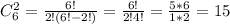 C_6^2= \frac{6!}{2!(6!-2!)}= \frac{6!}{2!4!}= \frac{5*6}{1*2}=15