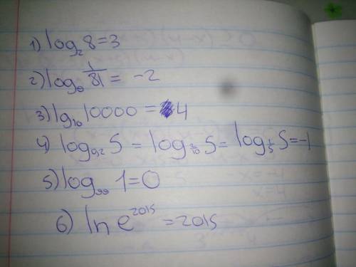 Вычислить 1) log2(8) 2)log9(1/81) 3)lg10(10000) 4)log0.2(5) 5)log99(1) 6)lne^2015 после логарифма ст