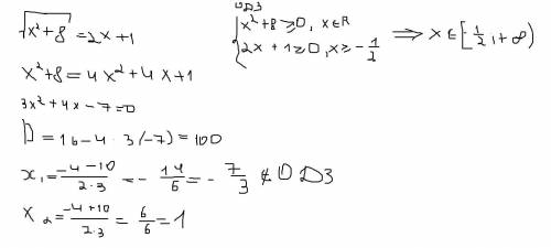 Вкажіть інтервал рівняння якому належить корінь рівняння √x^2+8=2x+1 x^2+8 під корнем повністю (-∞;