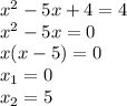 x^2-5x+4=4 \\ x^2-5x=0 \\ x(x-5)=0 \\ x_1=0 \\ x_2=5