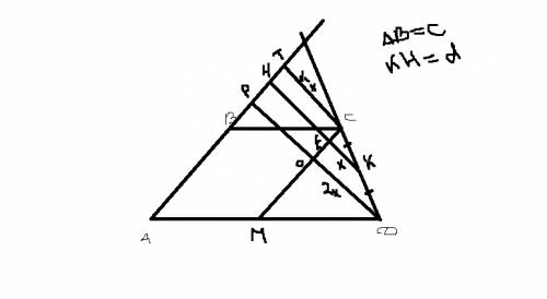 Втрапеции abcd (bciiad) ab=c и расстояние от середины отрезка cd до прямой ab равно d. найти площадь