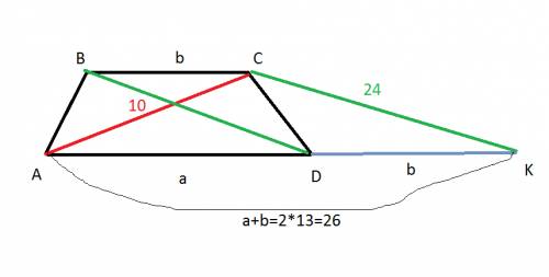 Диагонали трапеции равны 10 см и 24 см, а средняя линия равна 13см. найдите площадь трапеции. решите