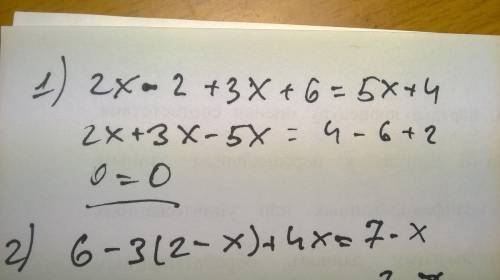 Народ , ! решите на множестве r уравнение: 1) 2(x-1)+3(x+2)=5x+4 2) 6-3(2-x)+4x=7-x 3) -1,4(5-x)+2,5