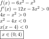 f(x) = 6x^2 - x^3&#10;\\&#10;f'(x) = 12x - 3x^20&#10;\\&#10;4x - x^20&#10;\\&#10;x^2-4x