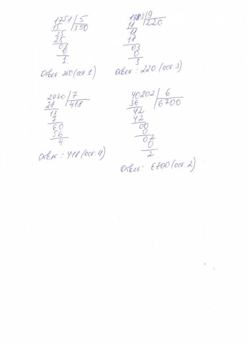 Найди ошибки в вычислениях и реши правильно. 1751: 5=35(ост 1) 1983: 9=22(ост 3) 2930: 7=41(ост 6) 4