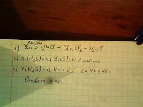 Какой объём сероводорода выделится при взаимодействии 0,2 моль сульфида цинка с соляной кислотой?