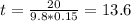 t= \frac{20}{9.8*0.15} = 13.6