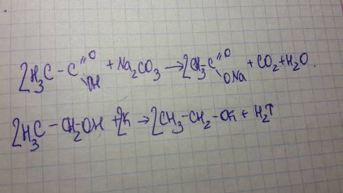 Закінчіть рівняння ch3cooh+na2co3- c2h5oh+k-