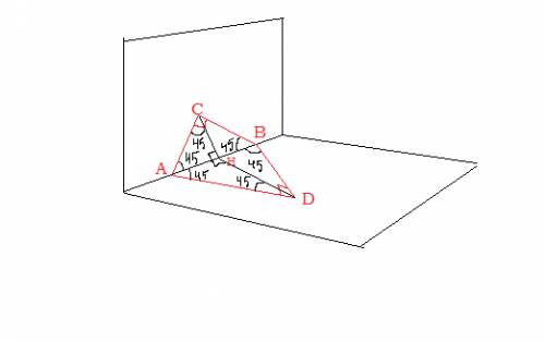 Два равнобедренные прямоугольные треугольники авс и авд лежат в перпендикулярных плоскостях и имеют