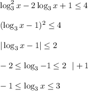 \log_3^2x-2\log_3x+1\leq 4\\ \\ (\log_3x-1)^2\leq 4\\ \\ |\log_3x-1|\leq 2\\ \\ -2\leq \log_3-1\leq 2~~|+1\\ \\ -1\leq \log_3x\leq 3