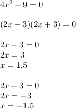 4 x^{2} -9=0 \\ \\ (2x-3)(2x+3)=0 \\ \\ 2x-3=0\\2x=3\\x=1.5 \\ \\ 2x+3=0\\2x=-3\\x=-1.5
