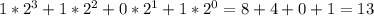 1*2 ^{3}+1*2 ^{2} +0*2 ^{1} +1*2 ^{0}=8+4+0+1=13