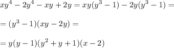 \displaystyle xy^4-2y^4-xy+2y=xy(y^3-1)-2y(y^3-1)=\\\\=(y^3-1)(xy-2y)=\\\\=y(y-1)(y^2+y+1)(x-2)