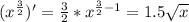 (x^{\frac{3}{2}})'=\frac{3}{2}*x^{\frac{3}{2}-1}= 1.5\sqrt{x}