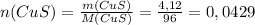n(CuS)= \frac{m(CuS)}{M(CuS)} = \frac{4,12}{96} =0,0429
