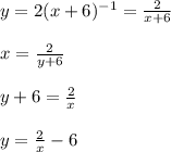 y=2(x+6)^{-1}= \frac{2}{x+6}\\\\x=\frac{2}{y+6} \\\\y+6= \frac{2}{x} \\\\y= \frac{2}{x}-6