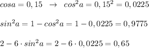 cosa=0,15\; \; \to \; \; cos^2a=0,15^2=0,0225\\\\sin^2a=1-cos^2a=1-0,0225=0,9775\\\\2-6\cdot sin^2a=2-6\cdot 0,0225=0,65