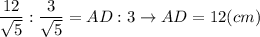 \displaystyle \frac{12}{\sqrt{5} } : \frac{3}{\sqrt{5} }= AD : 3 \rightarrow AD=12 (cm)