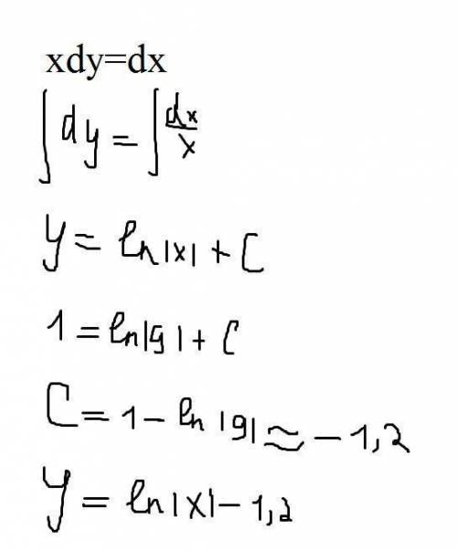 Решите уравнение xdy=dx,если у=1 при х=9
