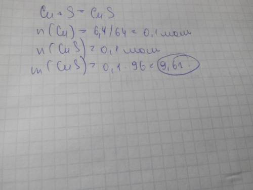 Cu+s=cus m(cu)=6.4 г. m(cus)=x г. найти m(cus)