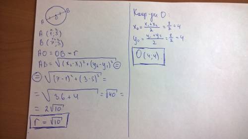 Ab - диаметр окружности. определите координаты центра окружности и ее радиус, если a(1; 5) b(7; 3).