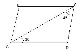 Диагональ ac параллелограмма abcd образует его сторонами углы, равные 30 градусам и 45 градусам. най