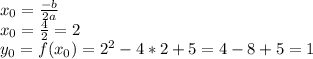 x_{0} = \frac{- b}{2a} \\ &#10;x_{0} = \frac{4}{2} =2 \\ &#10;y_{0} = f(x_{0})= 2^{2} - 4*2 +5= 4-8+5=1 \\ &#10;