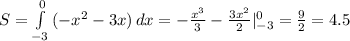 S= \int\limits^0_{-3} {(-x^2-3x)} \, dx =- \frac{x^3}{3} - \frac{3x^2}{2} |^0_{-3}= \frac{9}{2} =4.5