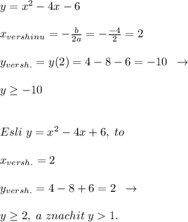 y=x^2-4x-6\\\\x_{vershinu}=-\frac{b}{2a}=-\frac{-4}{2}=2\\\\y_{versh.}=y(2)=4-8-6=-10\; \; \to \\\\y \geq -10\\\\\\Esli\; y=x^2-4x+6,\; to \\\\x_{versh.}=2\\\\y_{versh.}=4-8+6=2\; \; \to \\\\y \geq 2,\; a\; znachit\; y1.