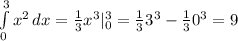 \int\limits^3_0 {x^2} \, dx= \frac{1}{3}x^3 |^3 _0=\frac{1}{3}3^3-\frac{1}{3}0^3=9