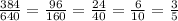 \frac{384}{640} = \frac{96}{160} = \frac{24}{40} = \frac{6}{10} = \frac{3}{5}