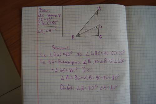 Угол между биссектрисой bl и катетом ac прямоугольного треугольника авс (угол с=90 градусам) равен 5
