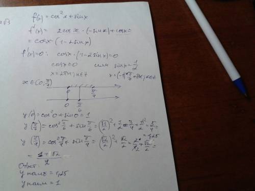 Решите ! найдите наименьшее и наибольшее значения функции f (x)= cos^2x+sinx на отрезке 0; п/4.