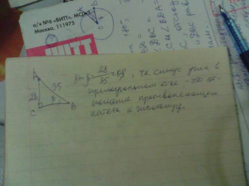 Впрямоугольном треугольнике угол c=90, ac=28 см, ab=35 см найти sin b