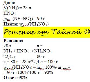 При взаимодействии аммиака обьемом 28л с раствором hno3 образуется нитрат аммония массой 90г. опреде