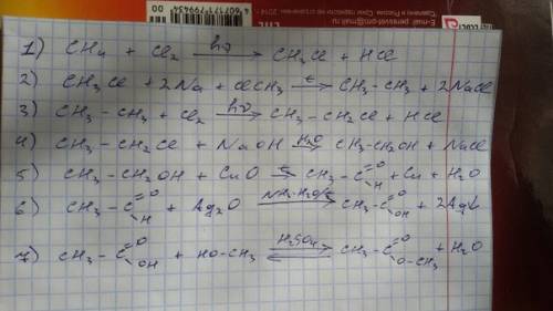 Составьте уравнение метан - хлор метан - этан - хлор этан - этанол - уксусный альдегид - уксусная ки