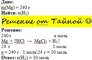 Какое количество вещества водорода выделится при взаимодействии 240 г магния с соляной кислотой.