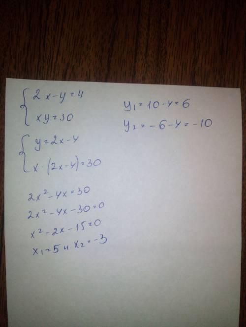 Решить систему уравнений 2x-y=4; xy=30
