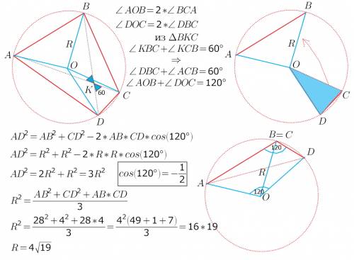 Четырехугольник abcd со сторонами ab=28 и cd=4 вписан в окр. диагонали ac и bd пересекаются в точке