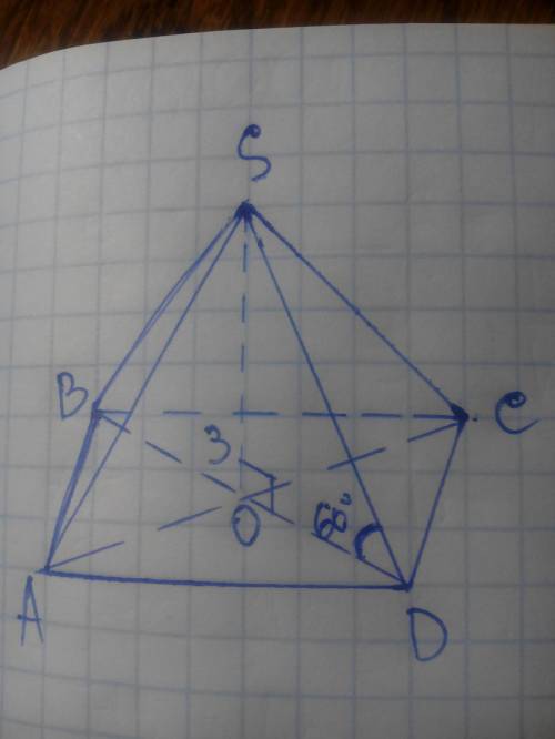 Найдите площадь основания правильной четырехугол пирамиды, если ее высота равна 3, а угол между боко