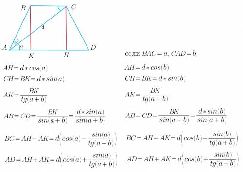 Диагональ равнобедренной трапеции abcd равна d и разбивает острый угол трапеции на углы a и b. найди