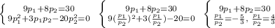 \left \{ {{9p_1+8p_2=30} \atop {9p_1^2+3p_1p_2-20p_2^2=0}} \right. \; \left \{ {{9p_1+8p_2=30} \atop {9(\frac{p_1}{p_2})^2+3(\frac{p_1}{p_2})-20=0}} \right. \; \left \{ {{9p_1+8p_2=30} \atop {\frac{p_1}{p_2}=-\frac{5}{3},\; \frac{p_1}{p_2}=\frac{4}{3}}} \right.