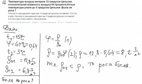 Температура воздуха вечером 15 градусов цельсия, относительная влажность воздуха 64 процента.ночью т