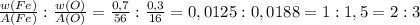 \frac{w(Fe)}{A(Fe)} : \frac{w(O)}{A(O)} = \frac{0,7}{56} : \frac{0,3}{16} = 0,0125 : 0,0188 = 1:1,5 = 2:3