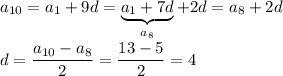 a_{10}=a_1+9d=\underbrace{a_1+7d}_{a_8}+2d=a_8+2d\\\\ d=\dfrac{a_{10}-a_8}{2}=\dfrac{13-5}{2}=4