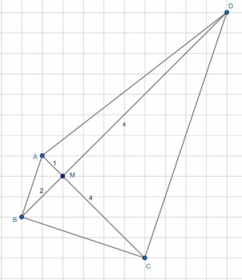 Решите , ! в четырехугольнике abcd диагонали пересекаются в точке m. известно, что ам=1, bm=2, см=4.
