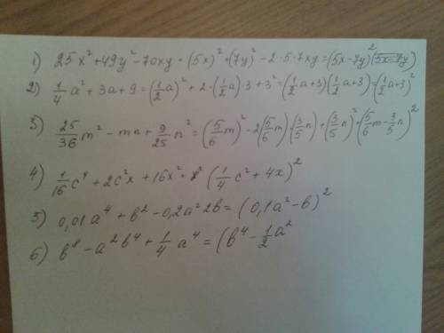 50 представьте выражение в виде квадрата двучлена 1)25x^2+49y^2-70xy 2)1/4a^2+3a+9 3)25/36m^2-mn+9/2