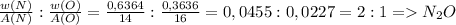 \frac{w(N)}{A(N)} : \frac{w(O)}{A(O)} = \frac{0,6364}{14} : \frac{0,3636}{16} = 0,0455 : 0,0227 = 2:1 = N_2O