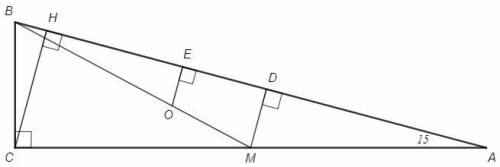 Площадь прямоугольного треугольника равна 9 и острый угол 15°. найти расстояние от точки пересечения