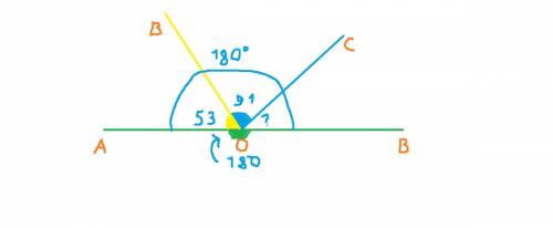 Лучи ob и oc проходят между сторонами развернутого угла aod так,что градусная мера угла aob равна 53